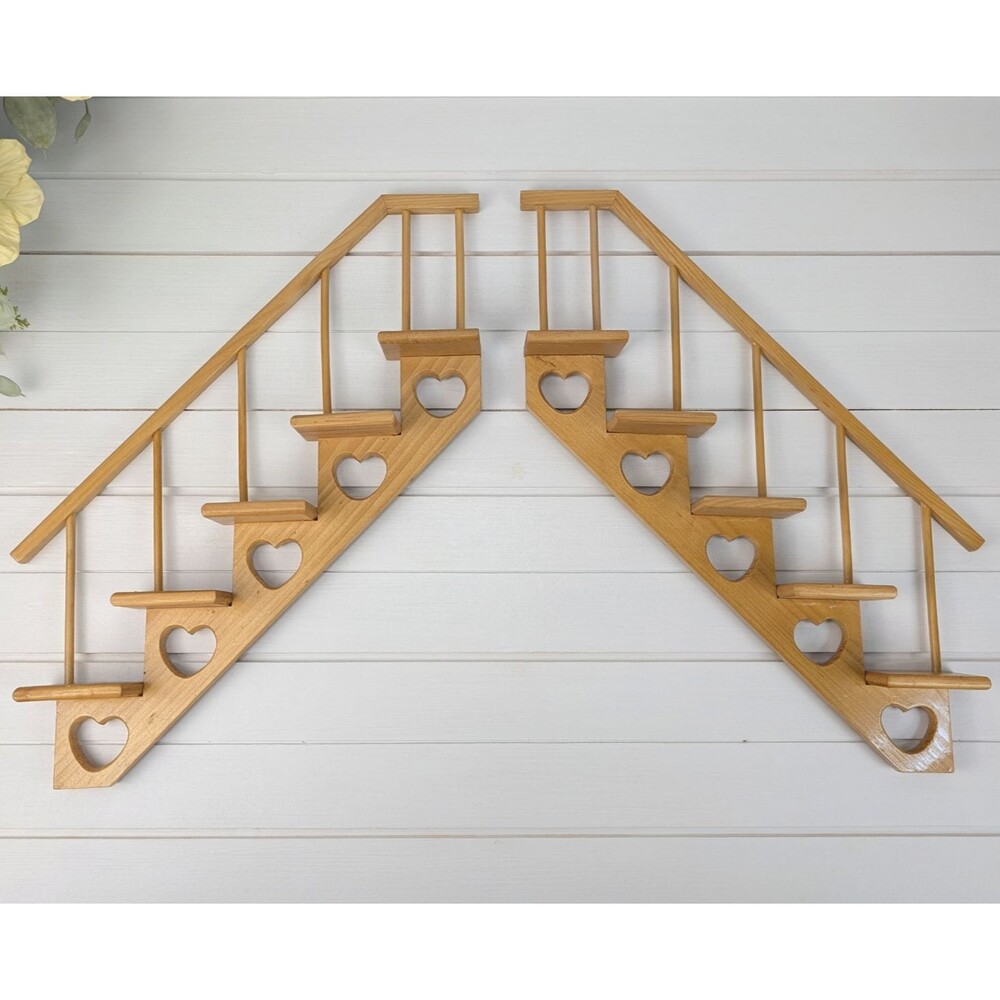 Wooden Floating Stair Step Shelf Wood Curio Cut Out Hearts Cottage Grannycore